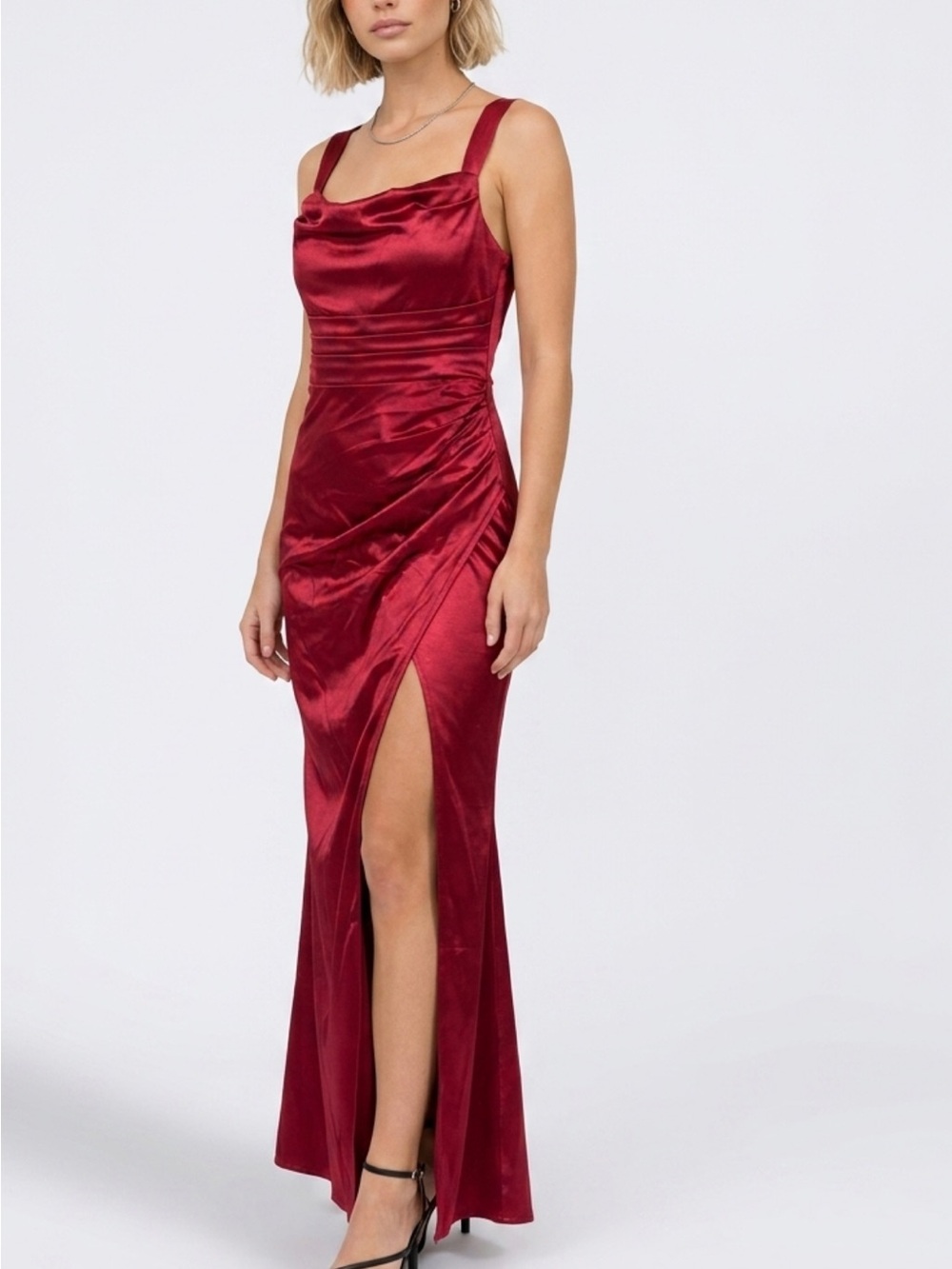 New Red Satin Cowl Neck Evening Gown